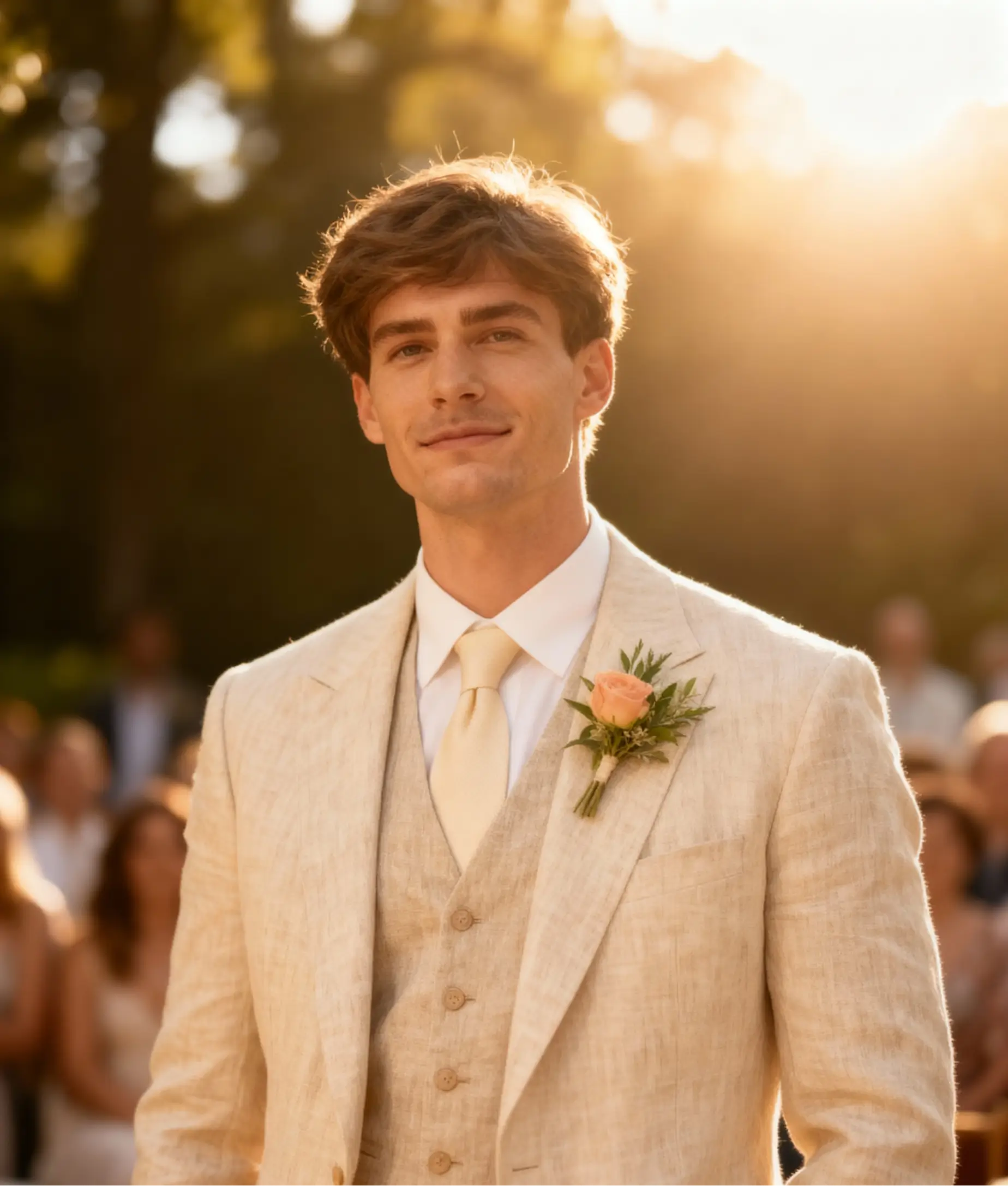 Groom in a beige suit smiling in warm sunlight during an elegant outdoor AI Wedding Shoot.