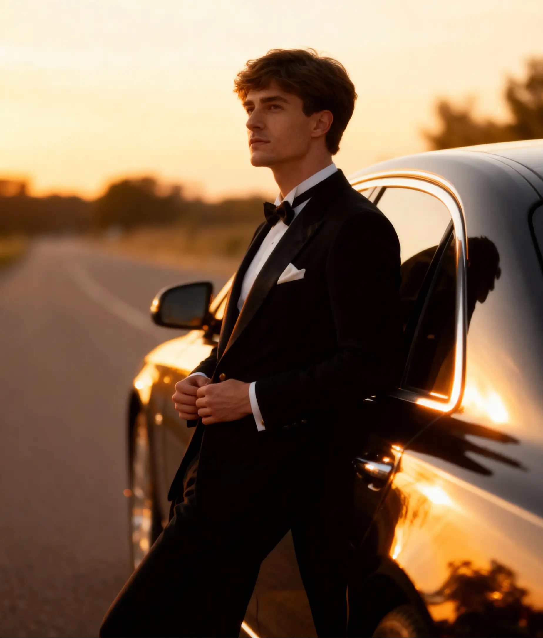 Groom posing beside a car at sunset during an AI Wedding Shoot, dressed in a classic black tuxedo.