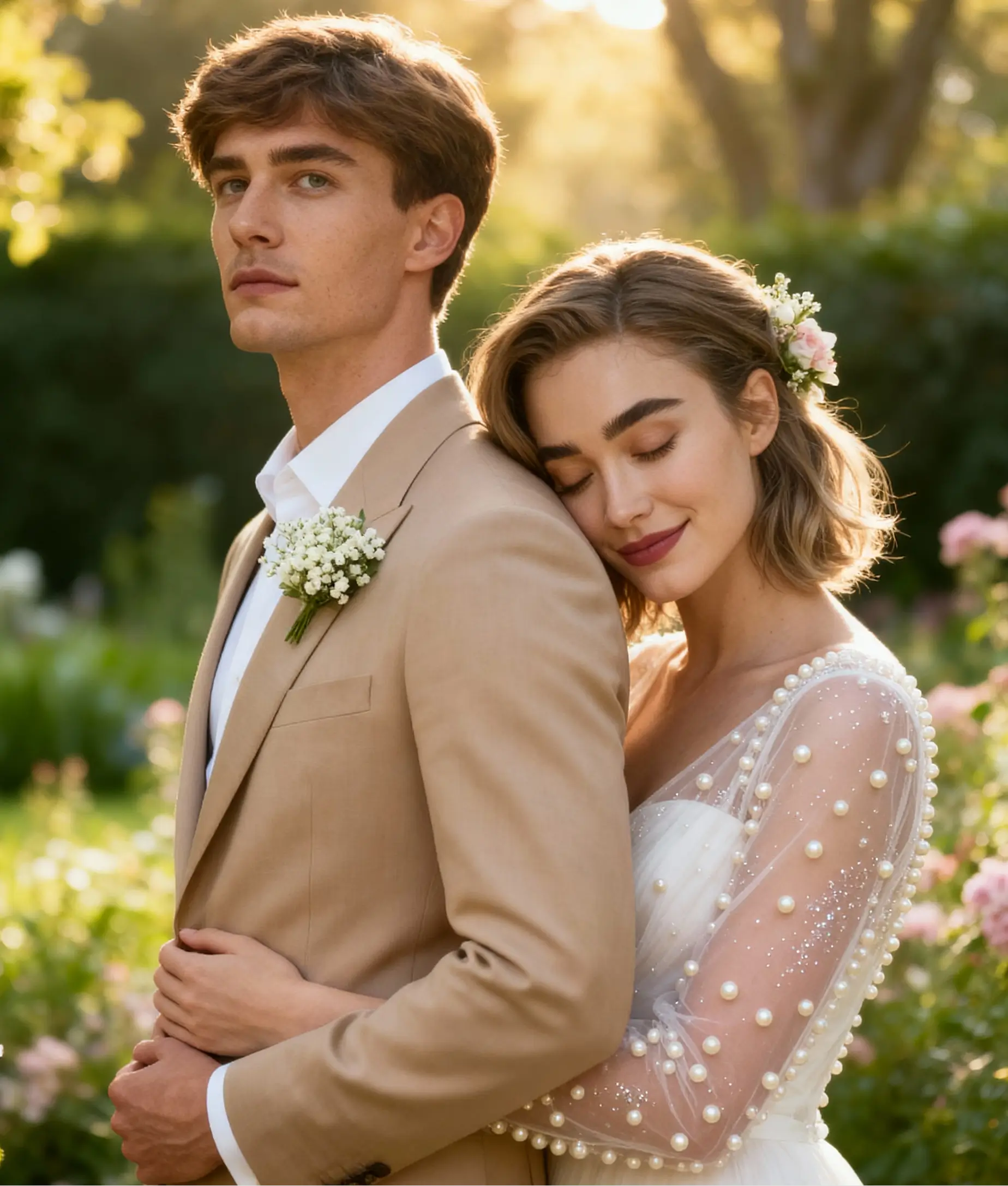 Groom standing while bride hugs him from behind in a warm garden scene created with AI Wedding Shoot.