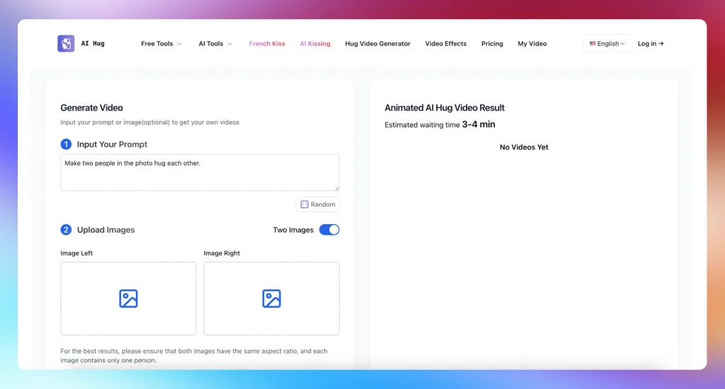 Screenshot of AIHug.ai’s user interface for generating AI hug videos, including prompt input, image upload fields, and a clean white layout with estimated video output time.