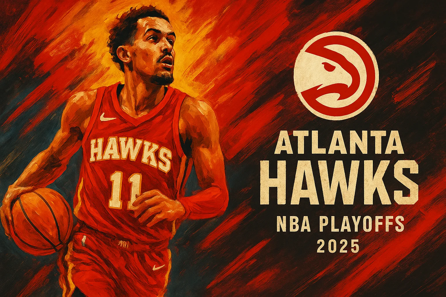AI-generated Atlanta Hawks poster featuring a basketball player in red jersey with number 11, intense brushstroke background in red and orange, Hawks logo, and NBA Playoffs 2025 title text 