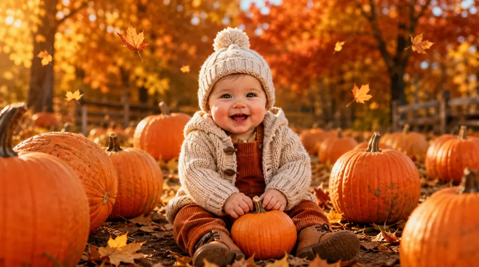 Adorable baby portrait of a smiling 9-month-old sitting in a rustic pumpkin patch, wearing a cream knit beanie and cardigan with rust orange overalls, surrounded by pumpkins and golden autumn leaves.