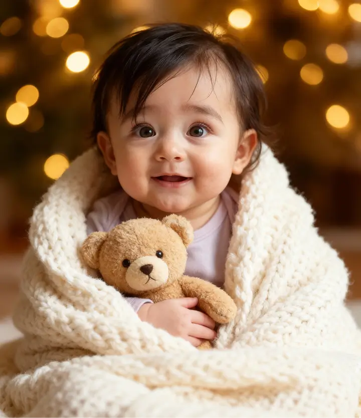 Smiling baby wrapped in a soft knitted blanket holding a teddy bear with warm golden lights in the background.