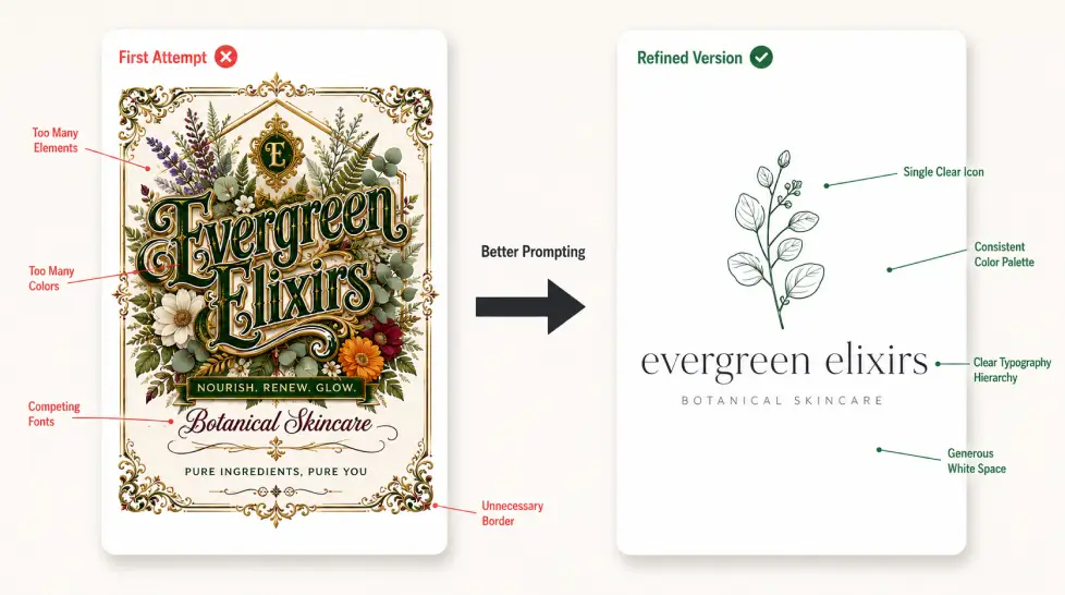 Before and after logo design comparison showing a cluttered first attempt with too many elements, colors, fonts, and borders beside a refined minimalist botanical logo with clear icon, consistent palette, typography hierarchy, and generous white space.