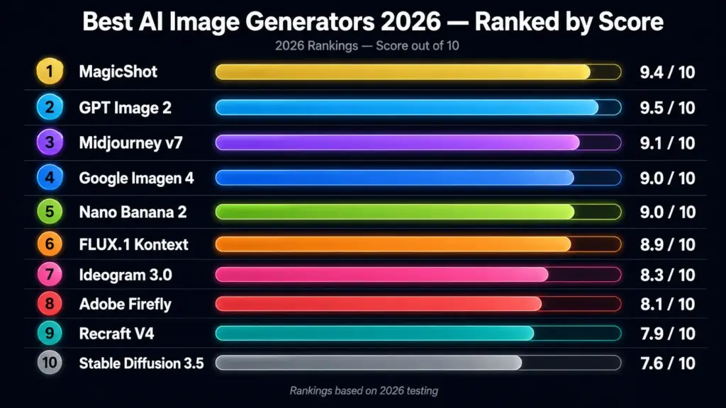 Infographic ranking the best AI image generators of 2026 by score, including MagicShot, GPT Image 2, Midjourney v7, Google Imagen 4, Nano Banana 2, FLUX.1 Kontext, Ideogram 3.0, Adobe Firefly, Recraft V4, and Stable Diffusion 3.5 with colorful score bars on a dark tech background.