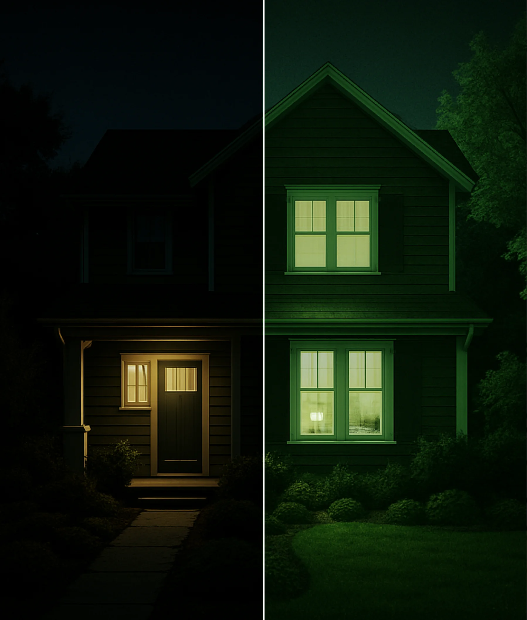Split view of a dark house exterior enhanced with AI bright image tool for clear nighttime visibility.