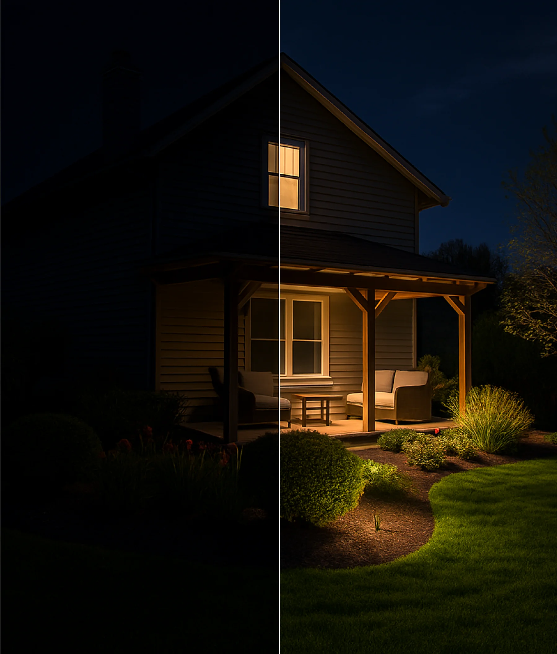 A suburban house with lawn, showing the difference made by AI-powered bright image generation.