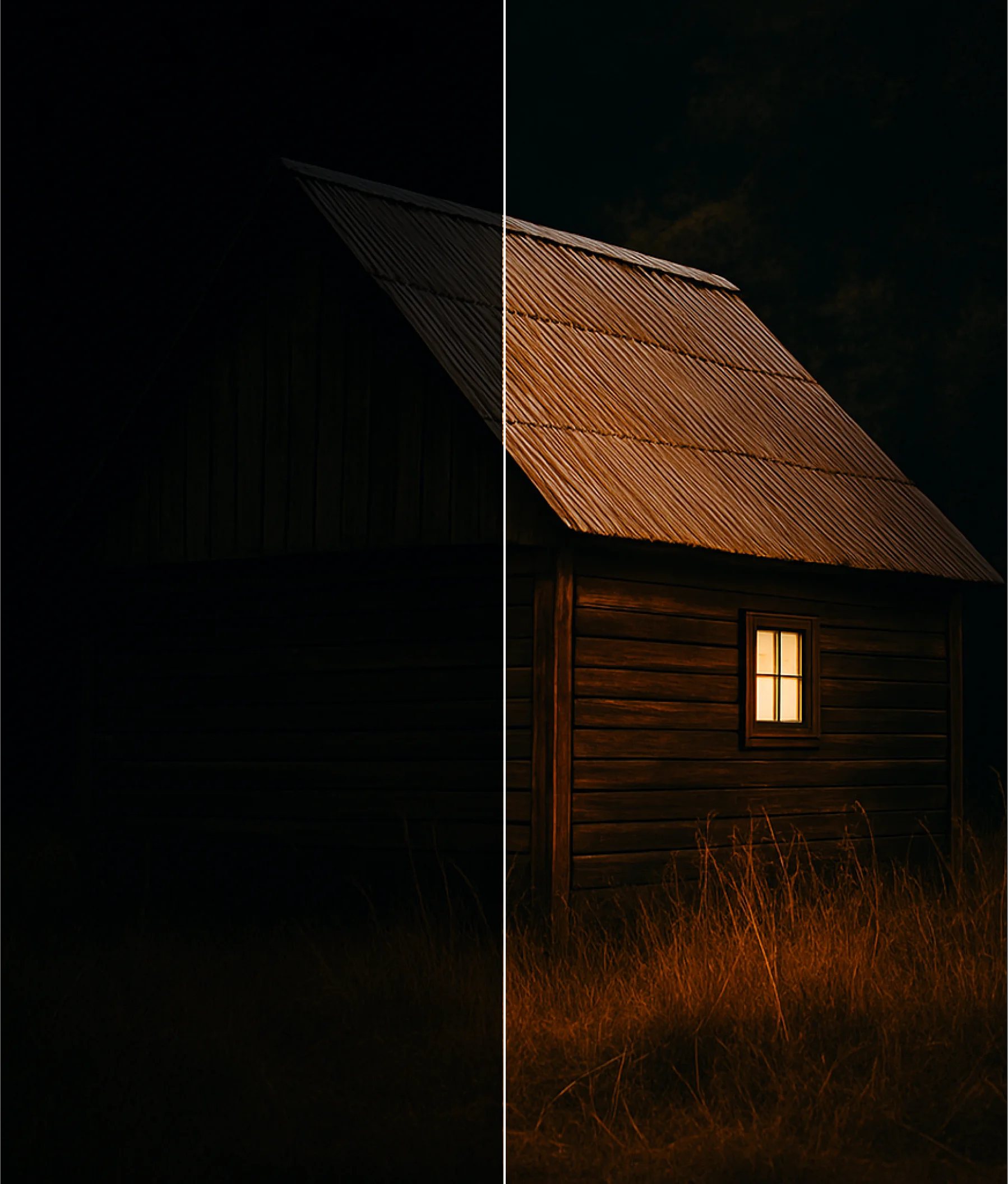 Rustic cabin in the dark, transformed into a bright image using AI night photo enhancer.