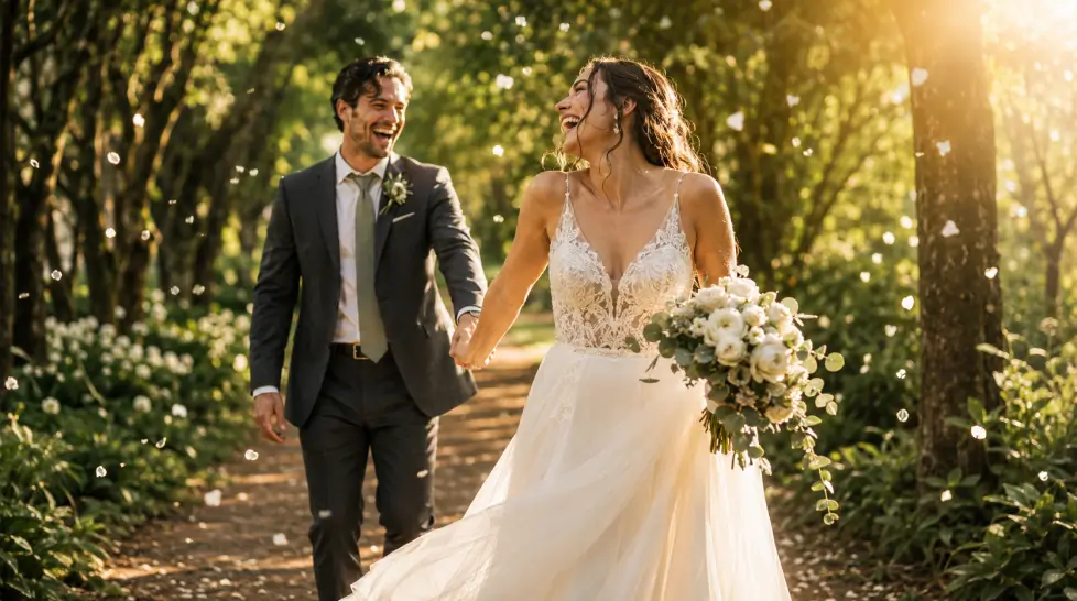 Candid cinematic wedding photo of a bride and groom laughing while walking hand in hand through a sunlit garden pathway with floating petals, golden light, and lush green bokeh.