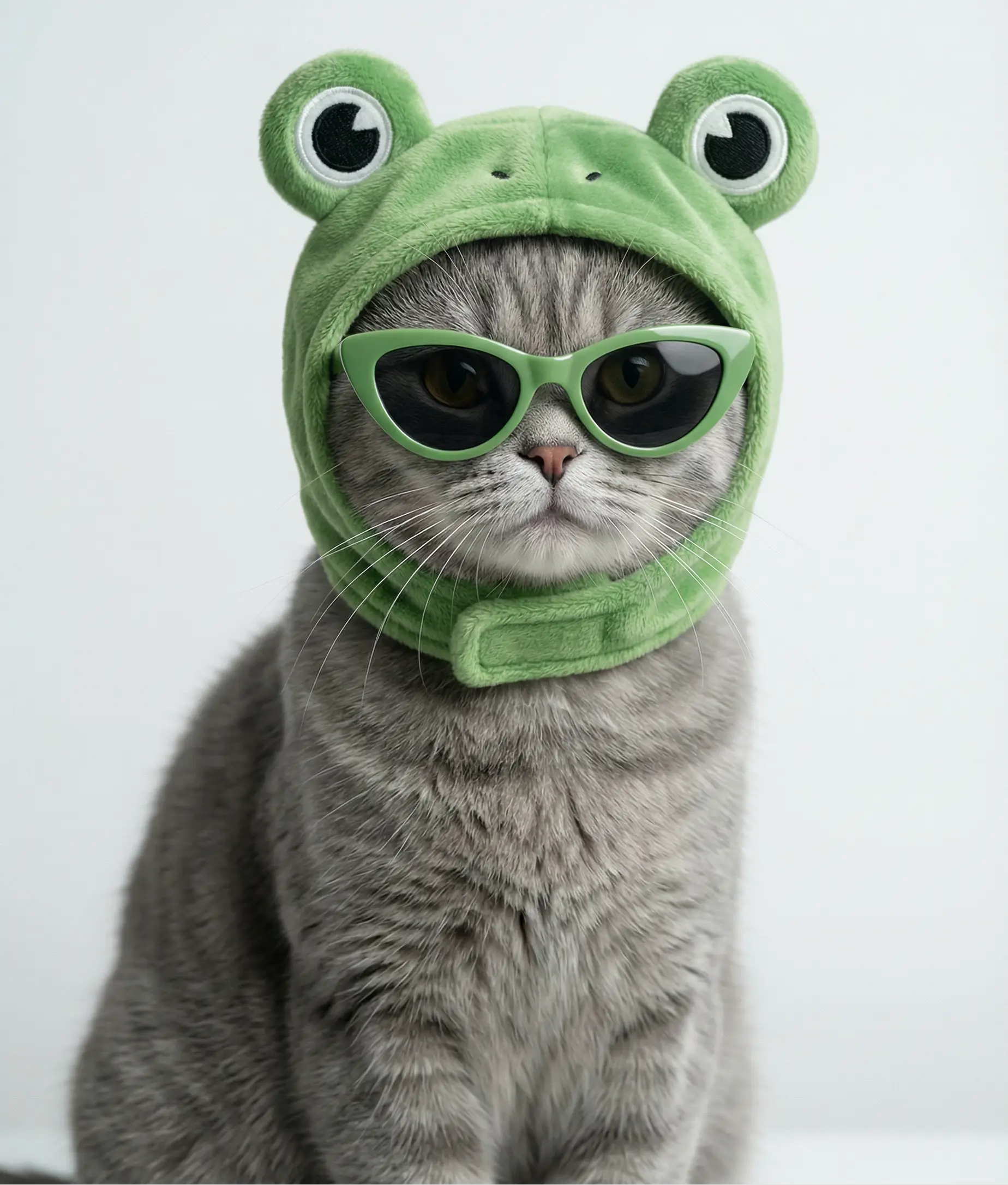 Cute cat in frog costume with sunglasses AI pet dress up
