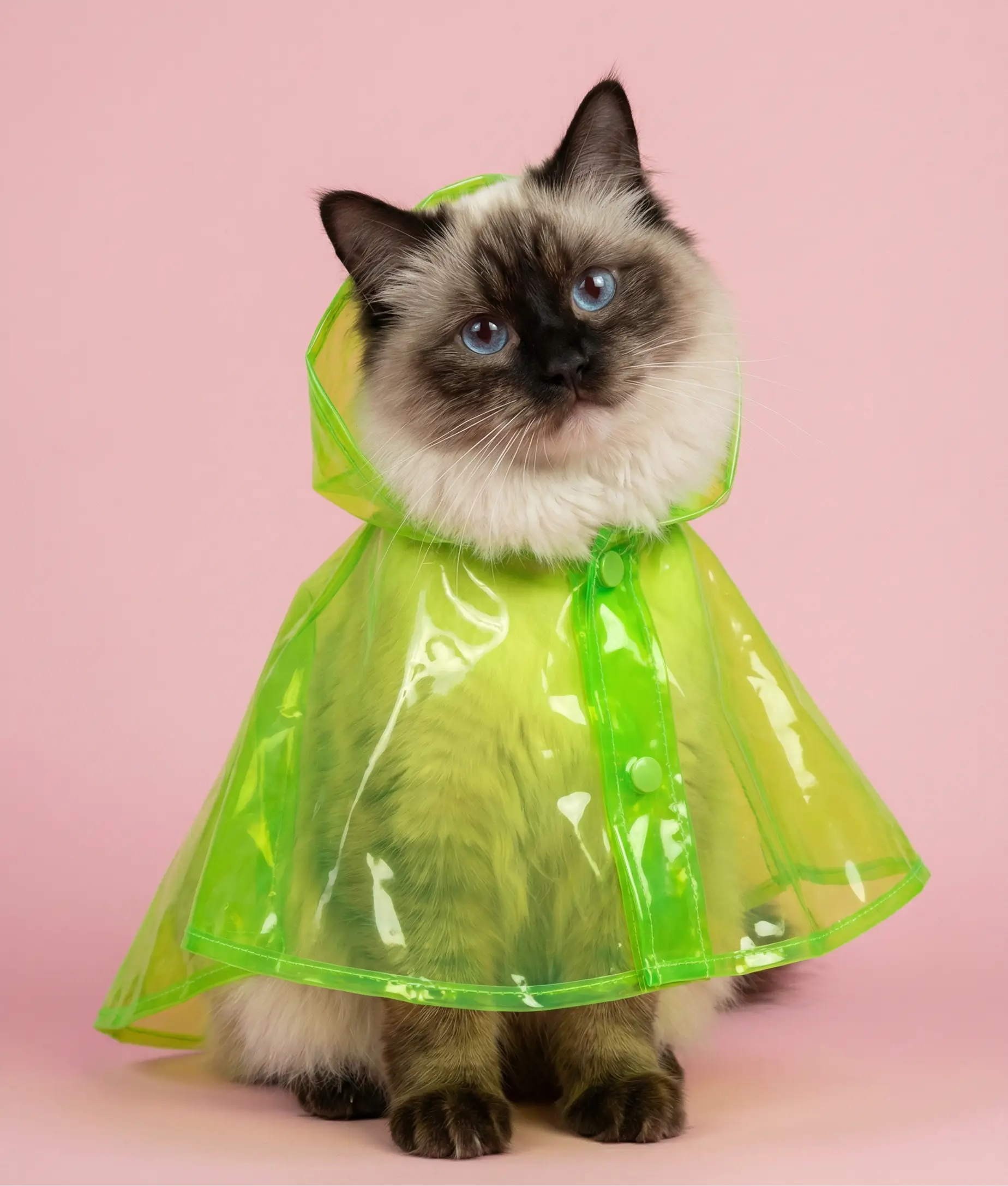 Cat wearing green raincoat cute pet outfit generated with AI