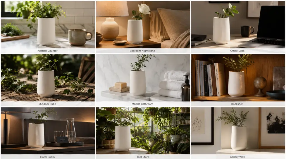 3x3 product photography grid showing the same minimalist white ceramic vase styled in nine lifestyle settings including kitchen, bedroom, office, patio, bathroom, bookshelf, hotel room, plant store, and gallery wall.
