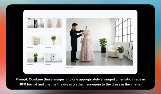 A composite image showing a designer fitting a gown on a mannequin, created by combining multiple input images and swapping the dress.