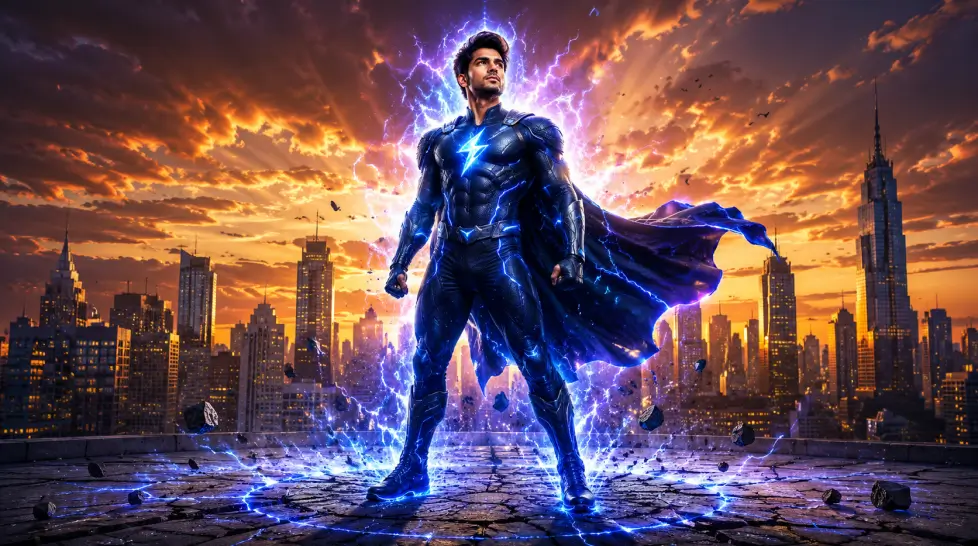 Cinematic superhero portrait of a young man in a glowing navy blue armored suit and cape, standing powerfully on a cracked rooftop with electric lightning energy, floating debris, and a dramatic golden city skyline at sunset.