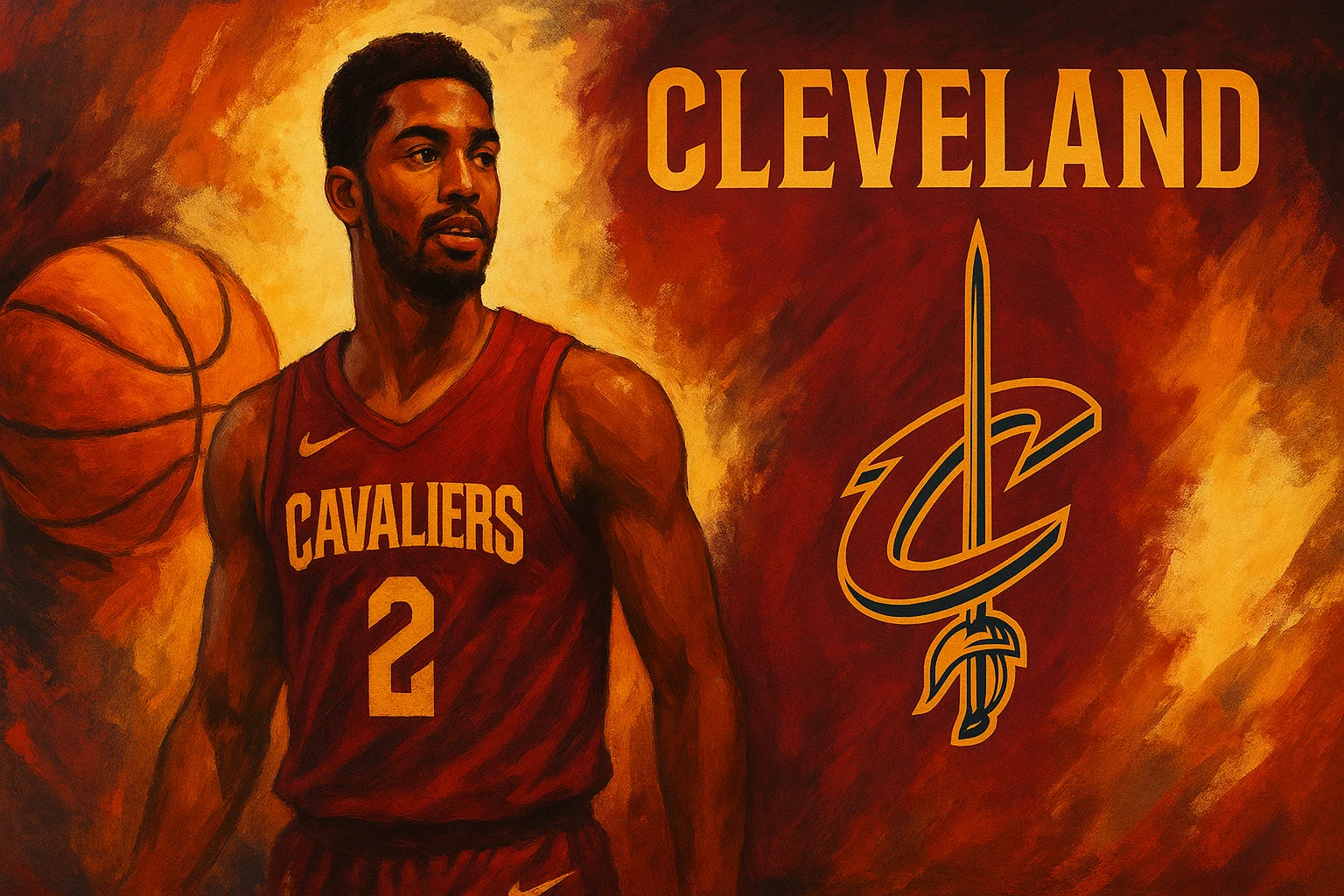 AI-generated Cleveland Cavaliers poster featuring a player in a red jersey with bold Cavaliers logo and dynamic brushstroke background, themed for NBA Playoffs 2025