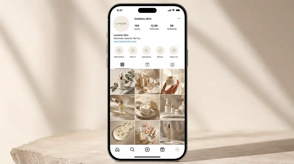 Smartphone mockup showing a cohesive Instagram profile grid for a luxury skincare brand, featuring nine warm beige product photos with soft natural lighting.