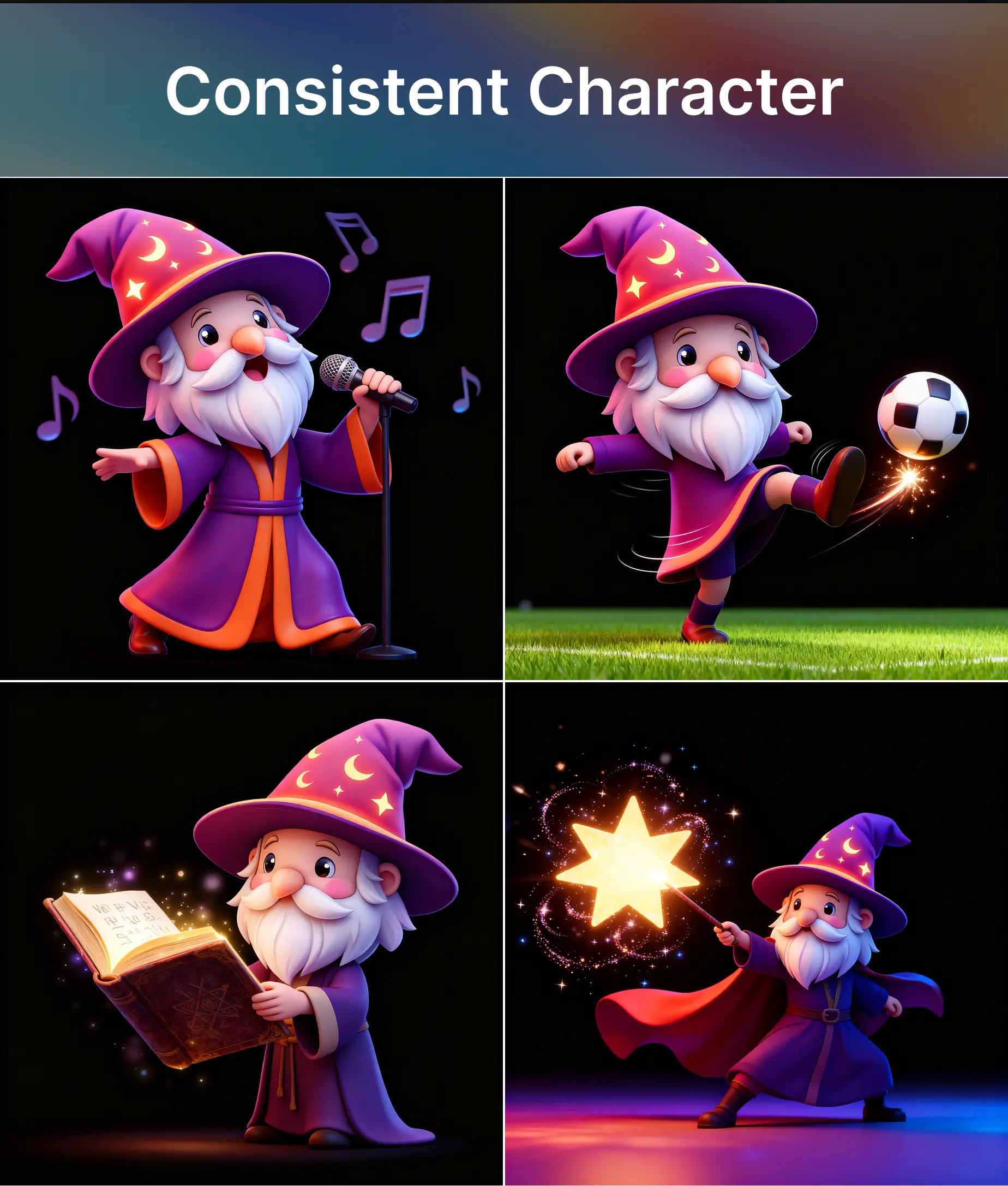 Four wizard character poses—singing, playing football, spellcasting, and reading a magic book—showcasing consistent character generation using Qwen Image Edit.