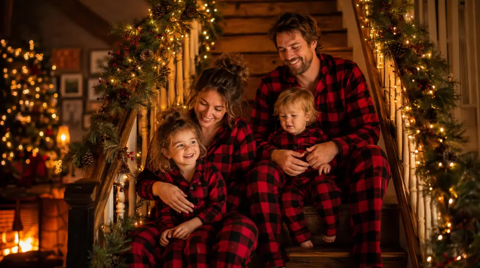 Family of four wearing matching red and black plaid pajamas sitting on rustic wooden stairs decorated with pine garland, fairy lights, pinecones, and warm Christmas tree bokeh.