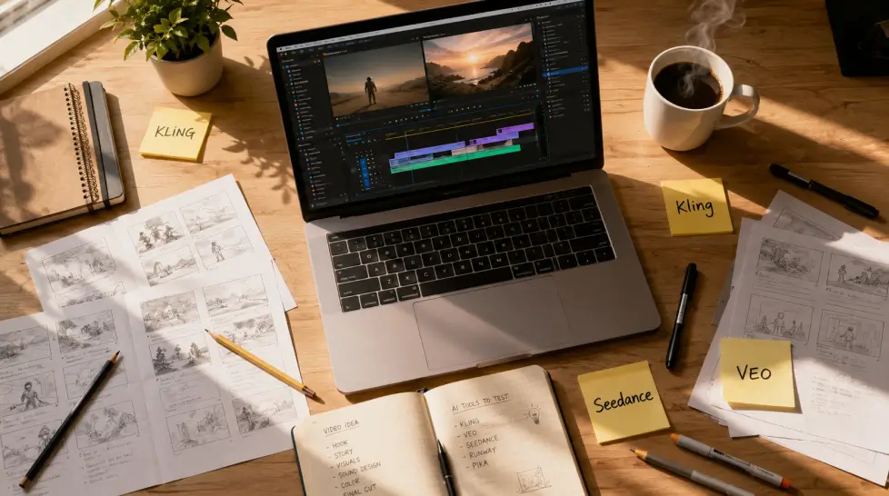Top-down flat lay of a creative workspace desk with an open laptop showing video editing software, hand-drawn storyboard sketches, sticky notes labeled Kling, VEO, and Seedance, steaming coffee cup, notebook, and scattered pencils in warm natural morning sunlight.