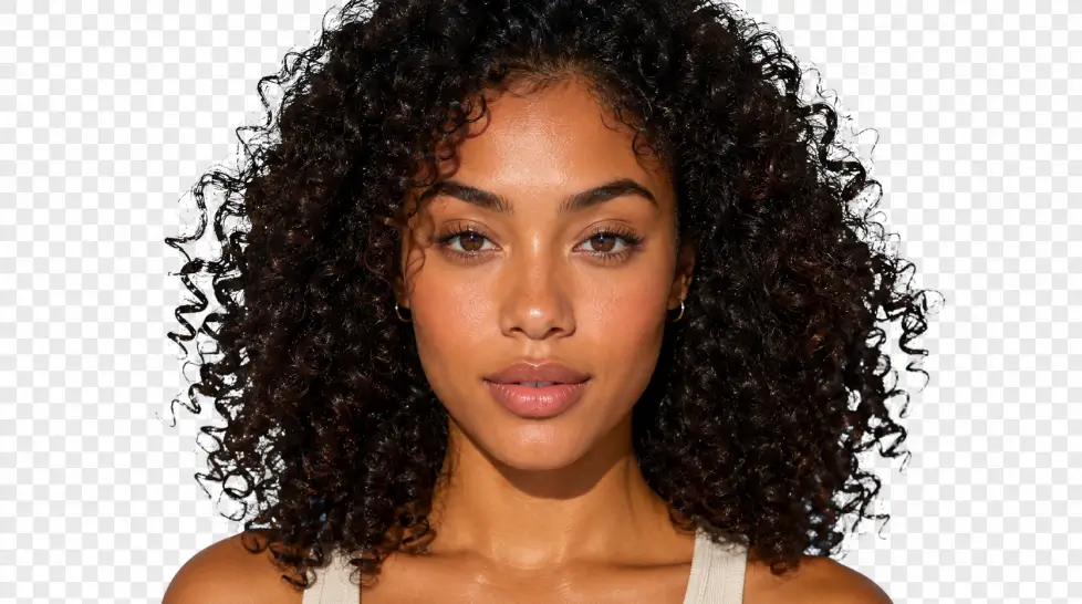 Close-up portrait of a young woman with voluminous natural curly hair isolated on a transparent checkered background, showing precise AI background removal around fine curls, flyaway strands, and baby hairs.