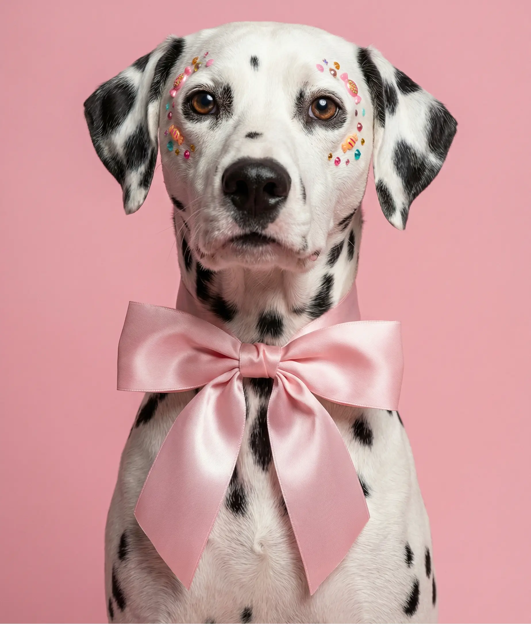 Dalmatian dog wearing pink bow tie styled with pet outfit generator