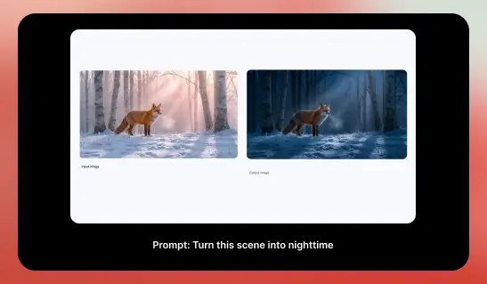 Side-by-side forest scene showing a fox in daylight on the left and a nighttime version on the right.