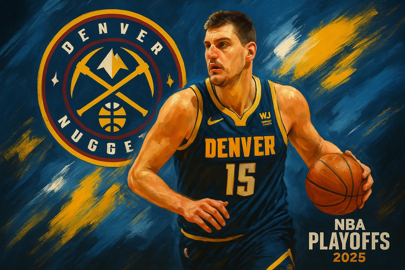 AI-generated Denver Nuggets poster featuring a basketball player in navy jersey with number 15, energetic blue and yellow brushstroke background, Nuggets logo, and NBA Playoffs 2025 text