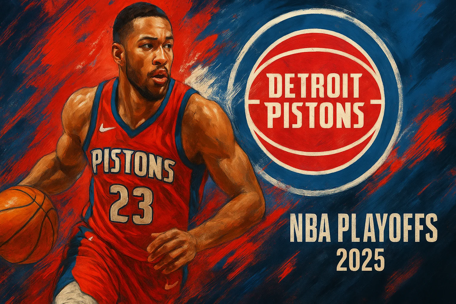 AI-generated Detroit Pistons poster featuring a basketball player in red jersey with number 23, dynamic red and blue brushstroke background, Pistons logo, and NBA Playoffs 2025 branding