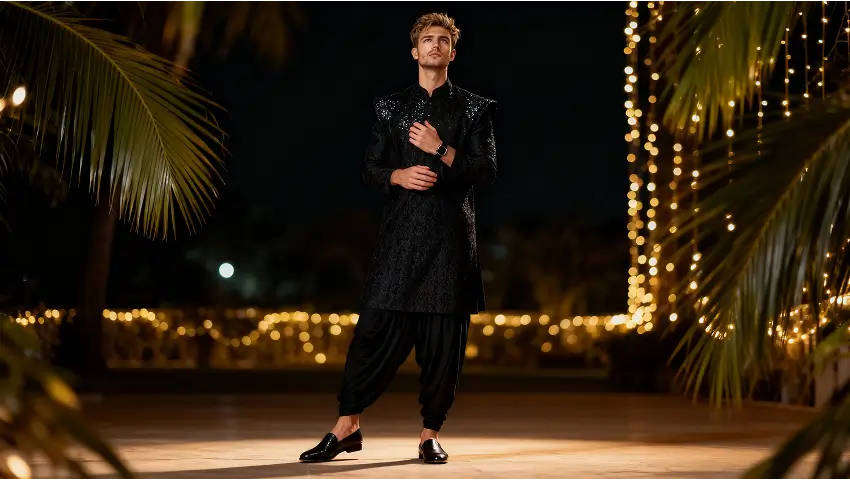 AI-generated Diwali-themed portrait of a man wearing a black sherwani standing under festive lights and palm trees.