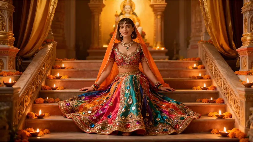 diwali-themed-portrait-woman-sitting-on-decorated-stairs