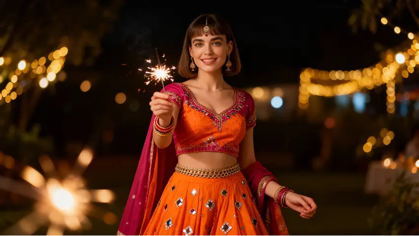 AI-generated Diwali-themed portrait of a woman in an orange lehenga holding a sparkler during Diwali night.