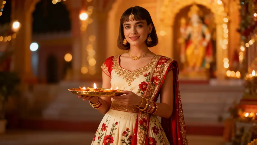 I-generated Diwali-themed portrait of a woman in traditional attire holding a diya at a decorated temple.