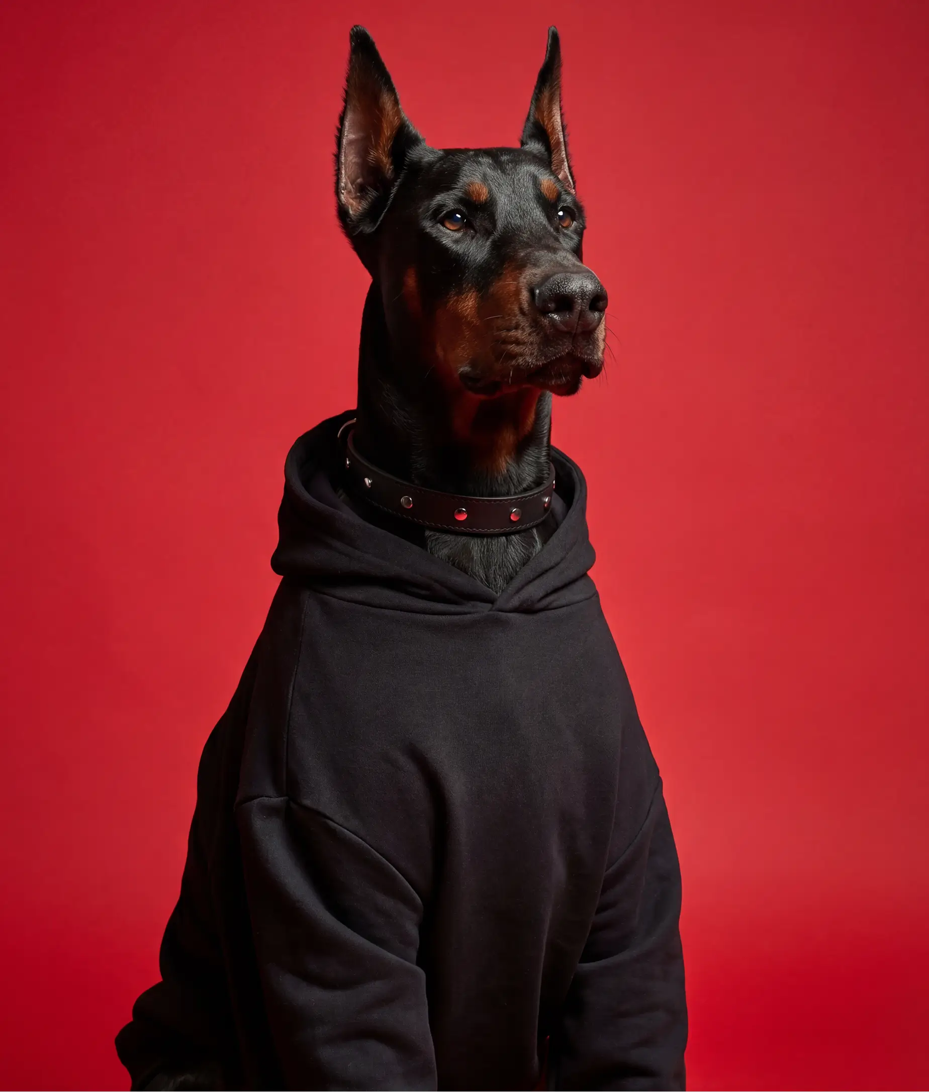 Doberman dog wearing black outfit in AI pet dress up style