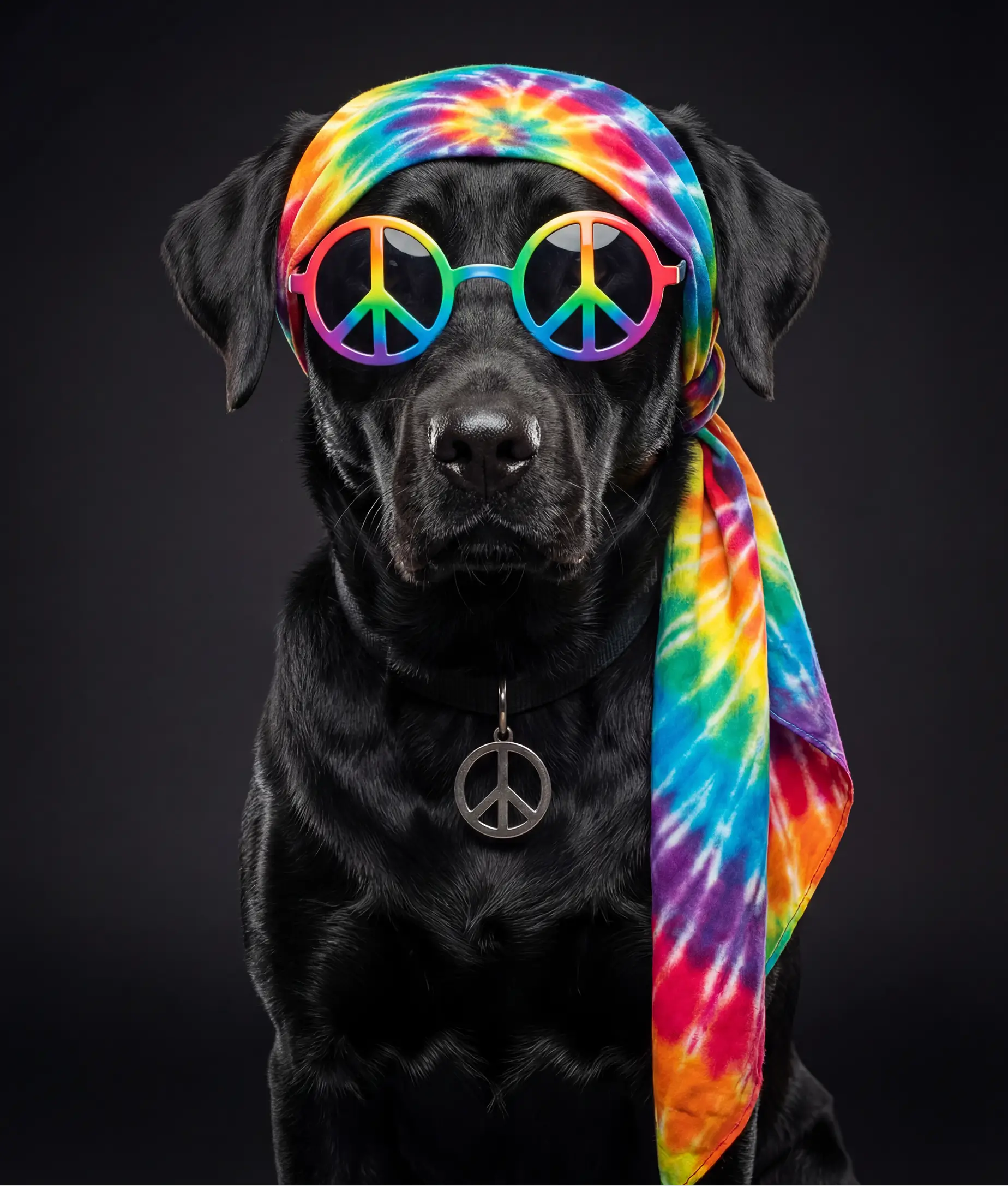 Dog in colorful hippie outfit with glasses AI pet costume style