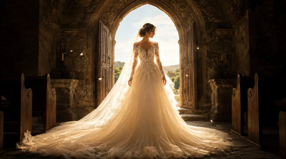 Cinematic bridal portrait of a bride in a glowing lace and tulle gown standing in an ancient stone chapel doorway, backlit by warm golden sunlight with a long cathedral veil and train.