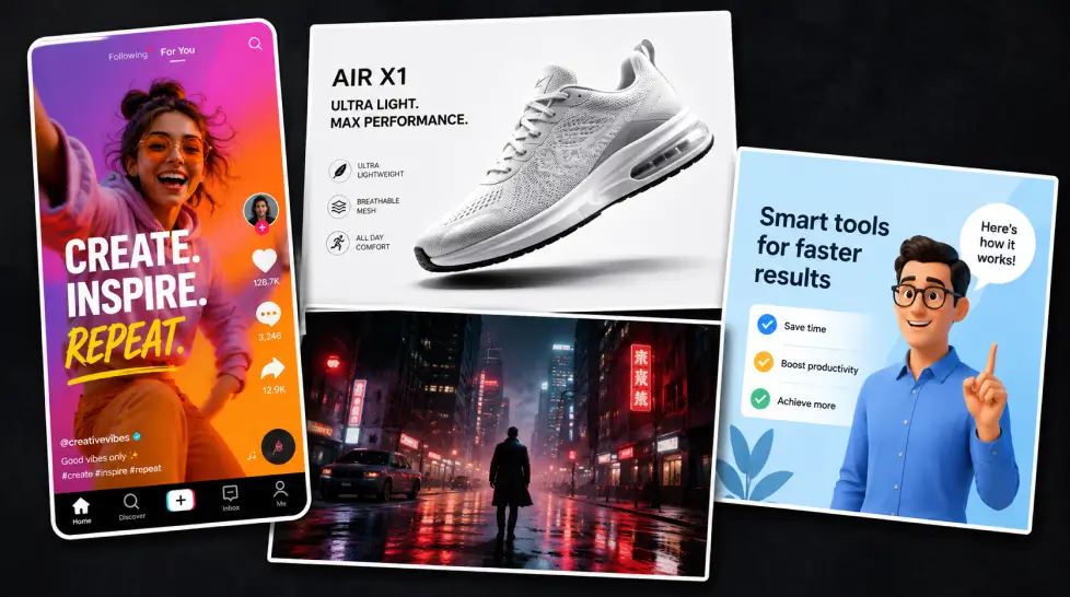 Dynamic creative agency collage showing four content styles: a TikTok-style lifestyle video panel, a clean sneaker product ad, a cinematic neon city film frame, and a corporate explainer graphic on a dark charcoal background.