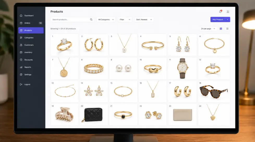 Computer screen showing an ecommerce product dashboard with a grid of 24 jewelry and small accessory product photos on clean white backgrounds, arranged in a professional catalog layout.