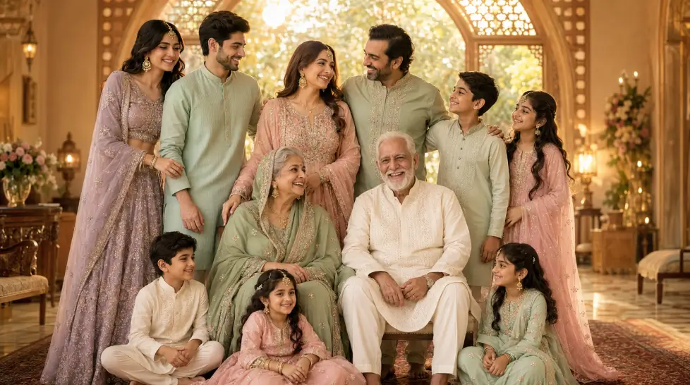 Large South Asian Muslim family celebrating Eid in traditional pastel embroidered outfits, gathered across three generations in a warm elegant home with golden window light, arched architecture, flowers, and festive decor.