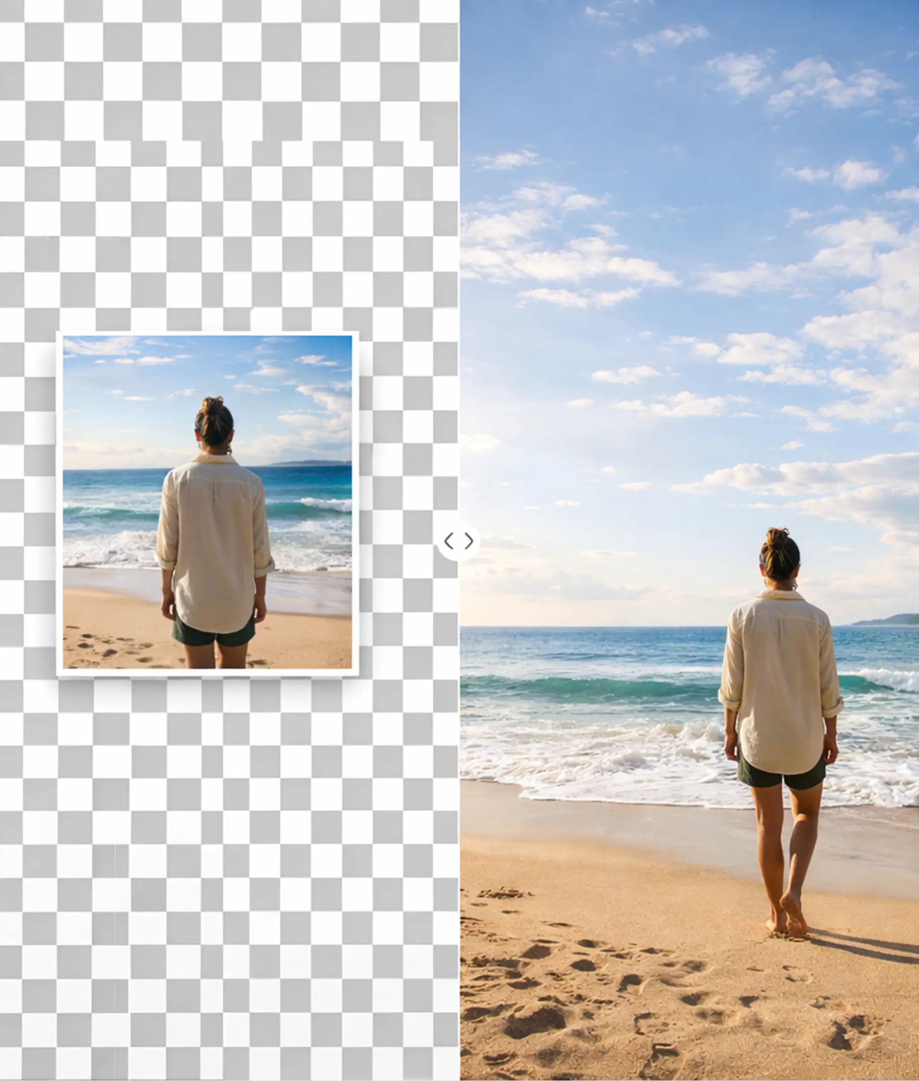 Extend image AI turning cropped beach photo into full ocean scene with natural view