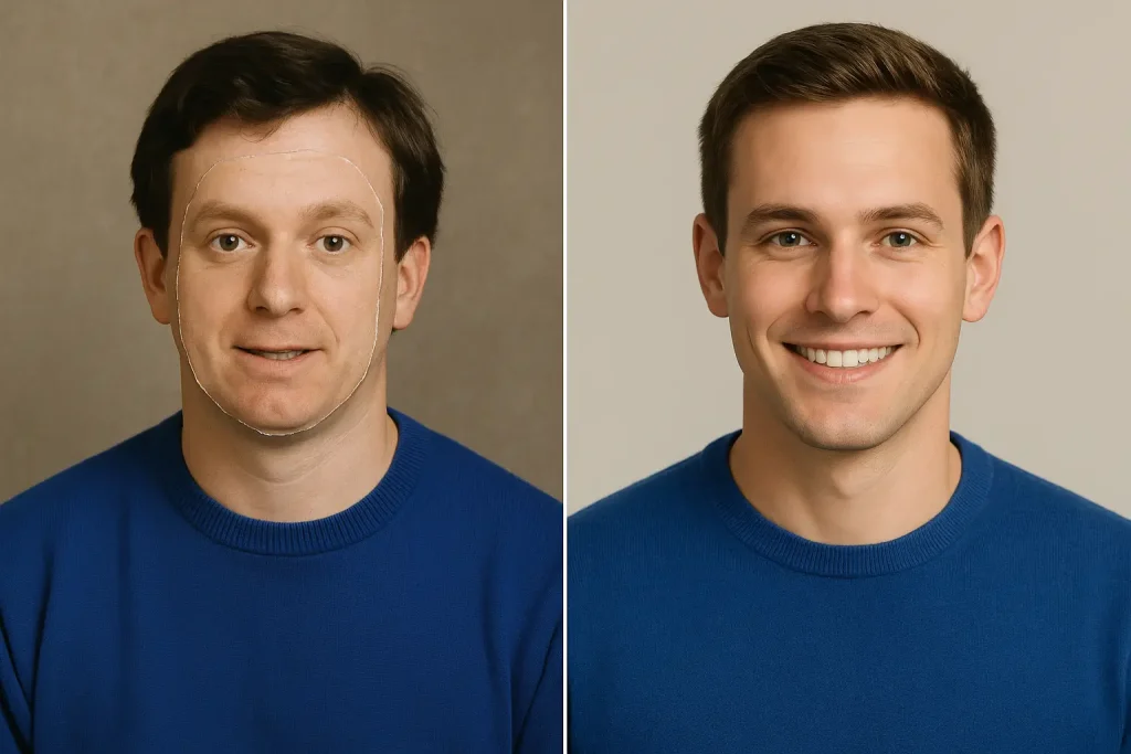 Split-screen image showing the evolution of face swap technology. The left side features a comically bad, old-school face swap with a misaligned, cutout-like face pasted onto a vintage photo. The right side displays a realistic, high-quality AI-generated face swap with perfect alignment, lighting, and skin blending on a modern portrait.
