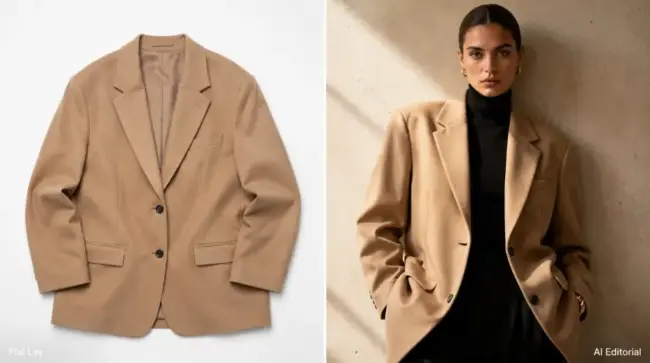 Side-by-side comparison showing a camel beige blazer as a simple flat lay product photo and the same blazer transformed into a high-fashion AI editorial image worn by a model.
