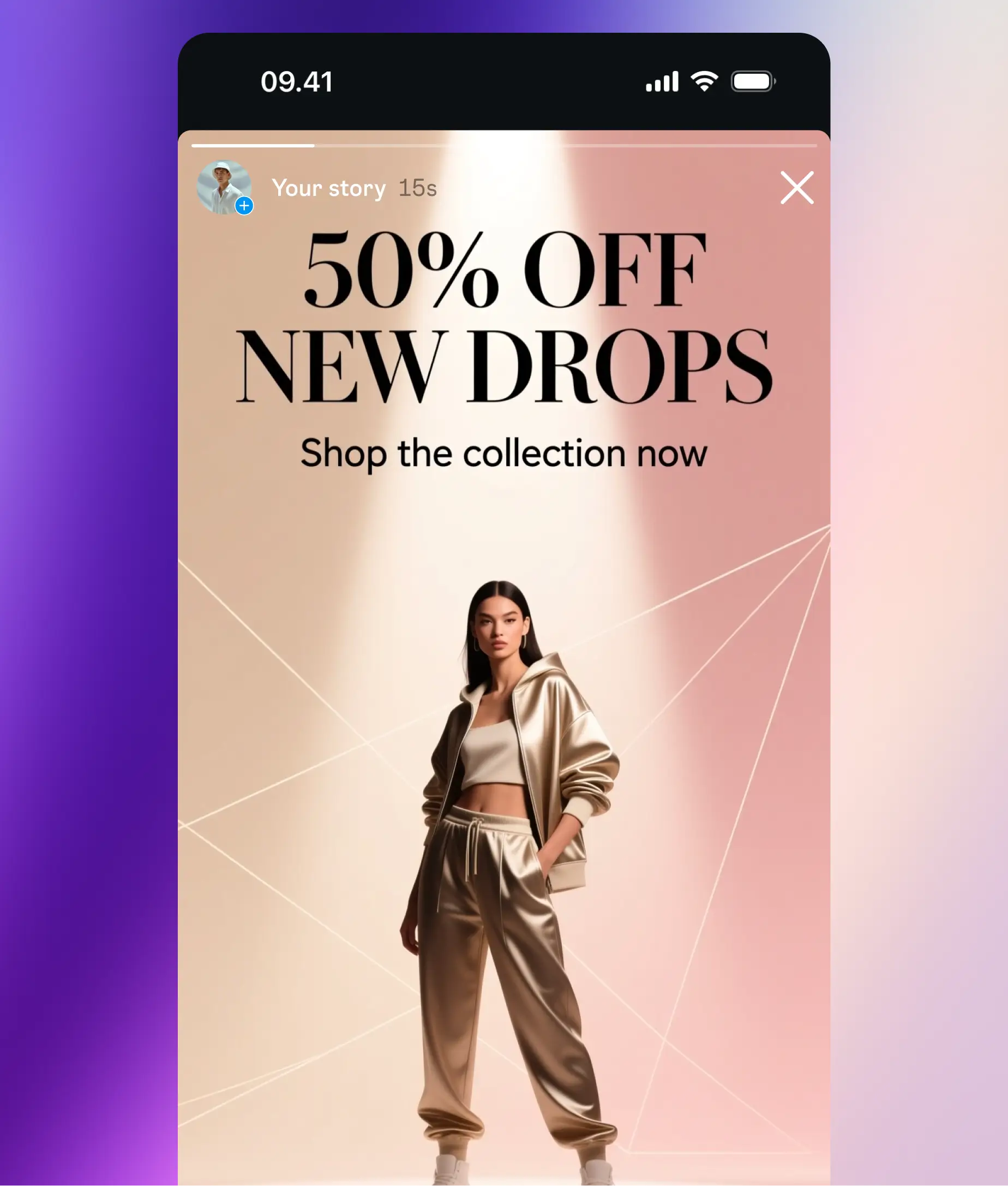 Instagram story ad showing a stylish model in a golden tracksuit promoting a fashion sale with the text “50% Off New Drops.”