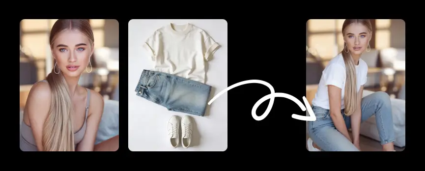AI fashion try on example showing a casual outfit applied to a user photo using jeans and a t-shirt.