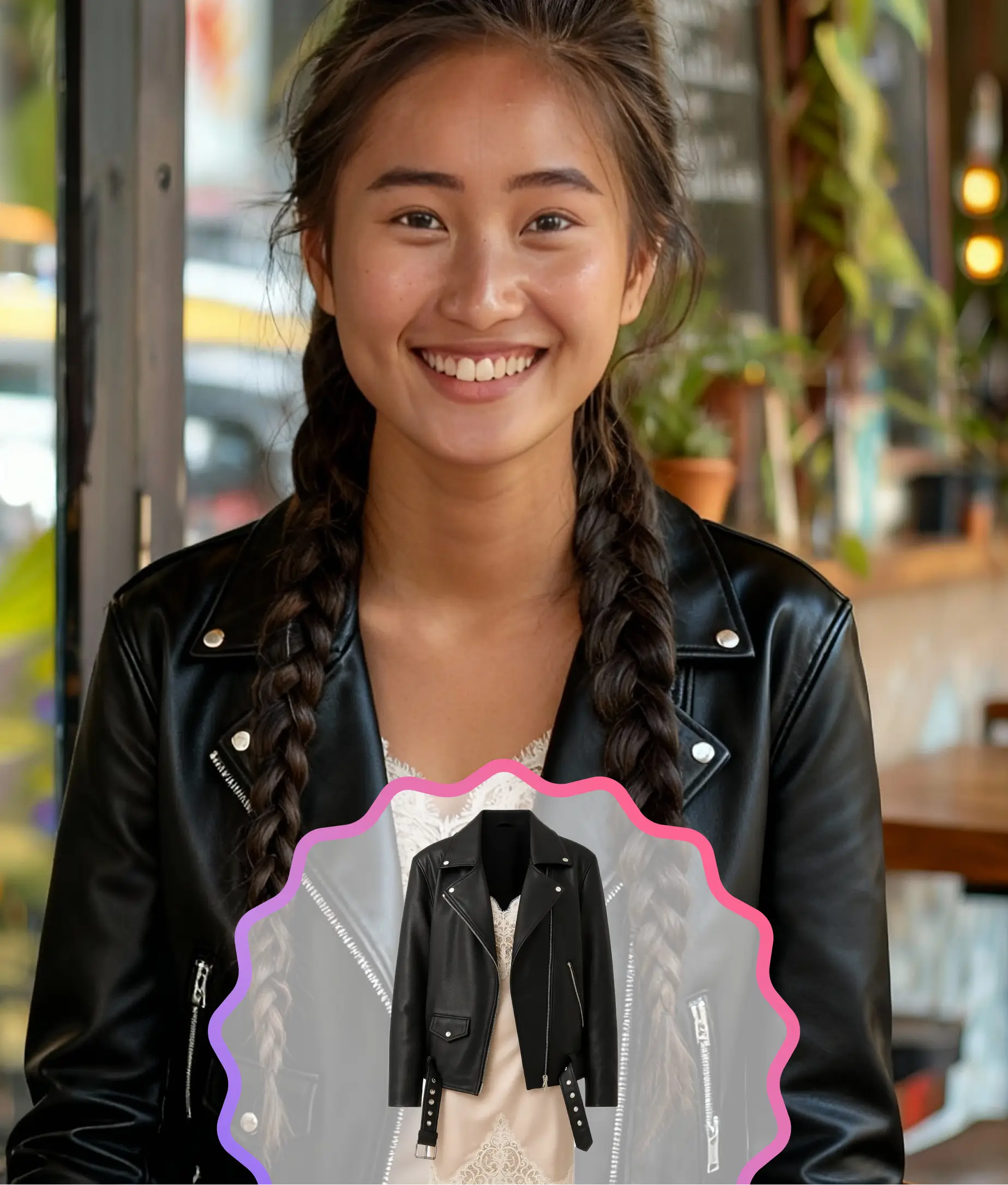 Smiling girl with braided hair trying on a black leather jacket using AI virtual fashion try-on.
