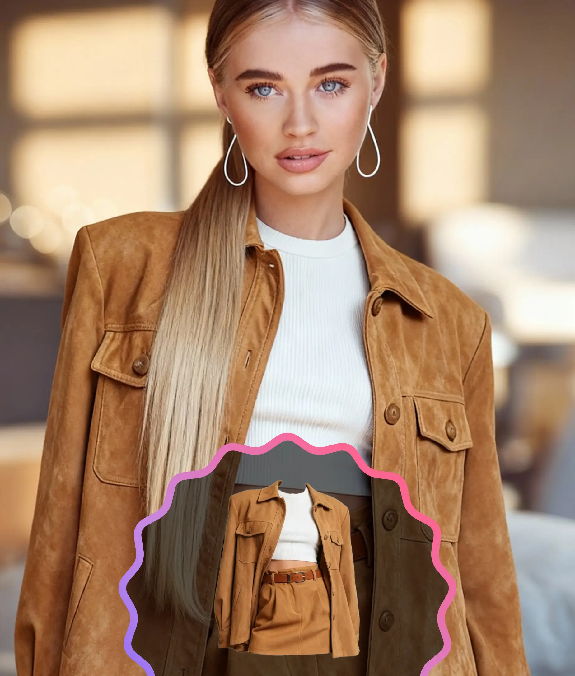Woman wearing a brown suede jacket with a white top underneath created with AI fashion try-on tool.