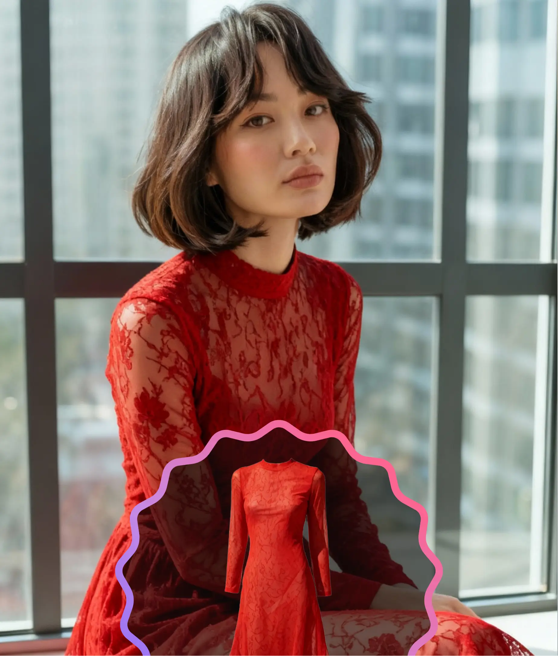 Woman sitting by a window wearing a red lace long-sleeve dress generated through AI fashion try-on.