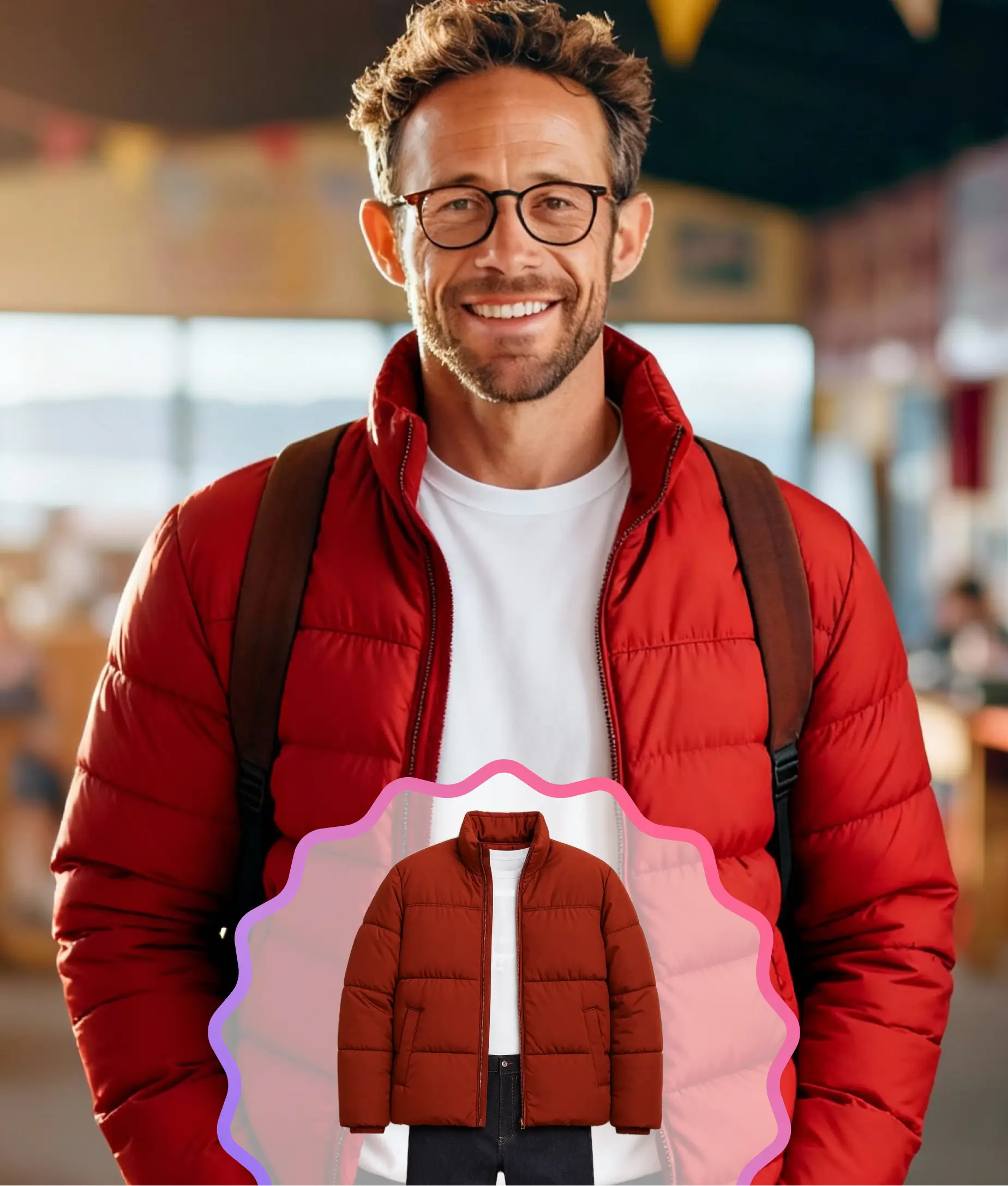 Man smiling indoors wearing a red puffer jacket and glasses created using AI fashion try-on.