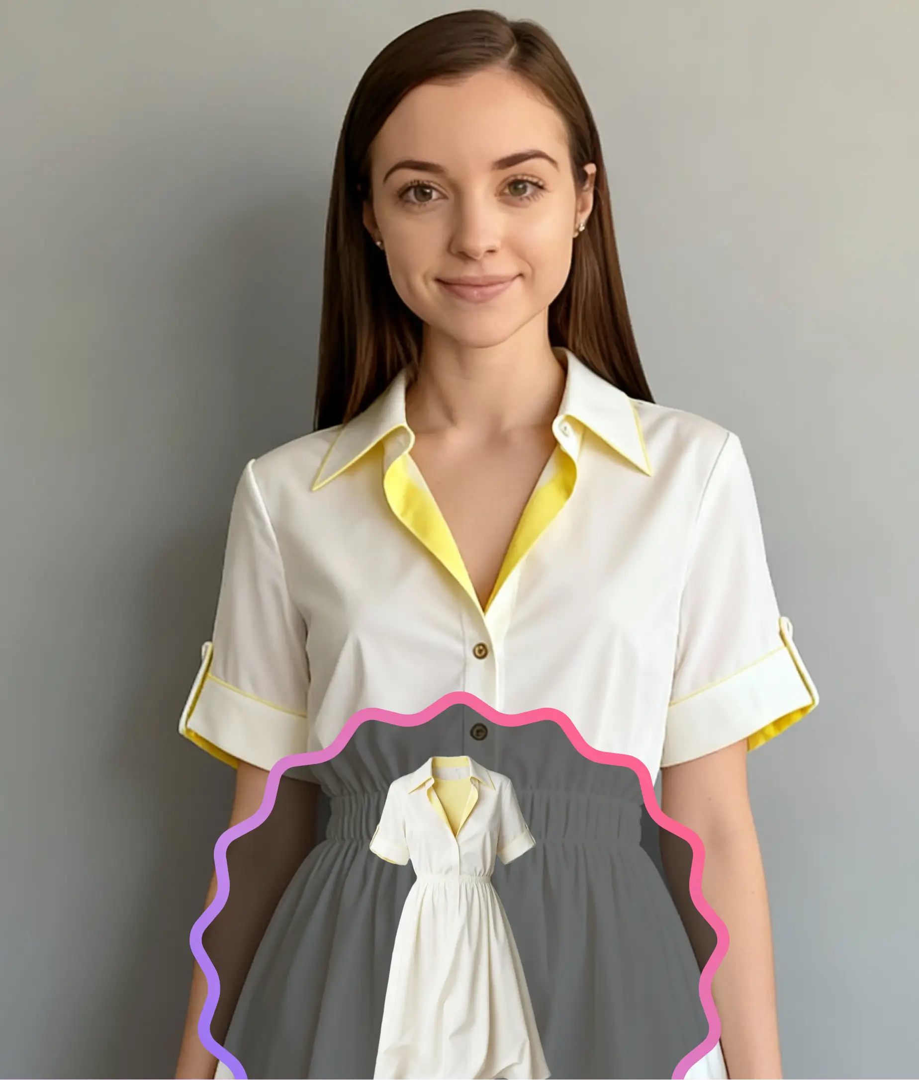 Young woman in a short-sleeve white dress with yellow trim applied through AI fashion try-on technology.