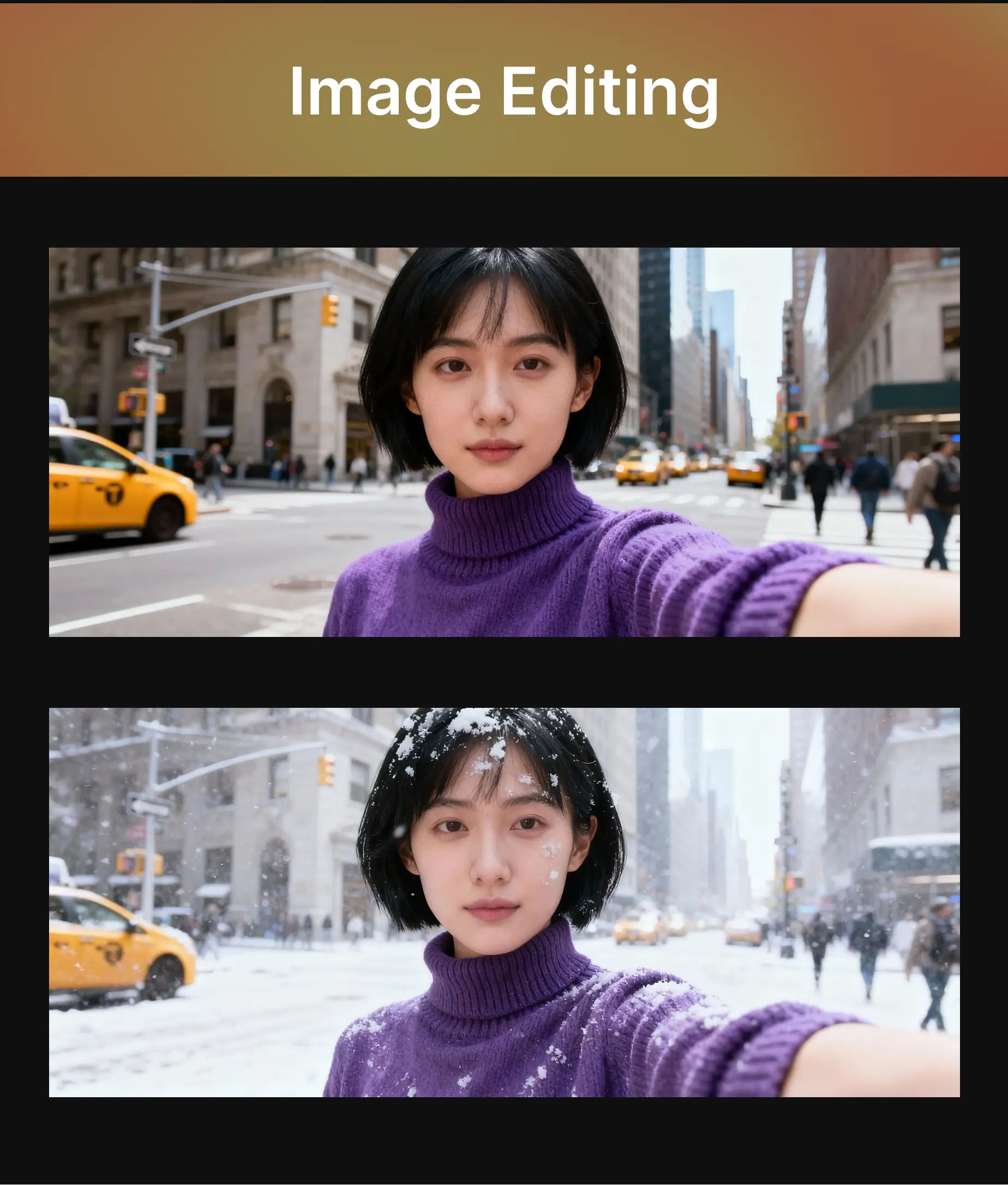 Two images of a woman in New York, one normal and one in snowy weather, showcasing scene and weather editing with FLUX 1 Kontext.