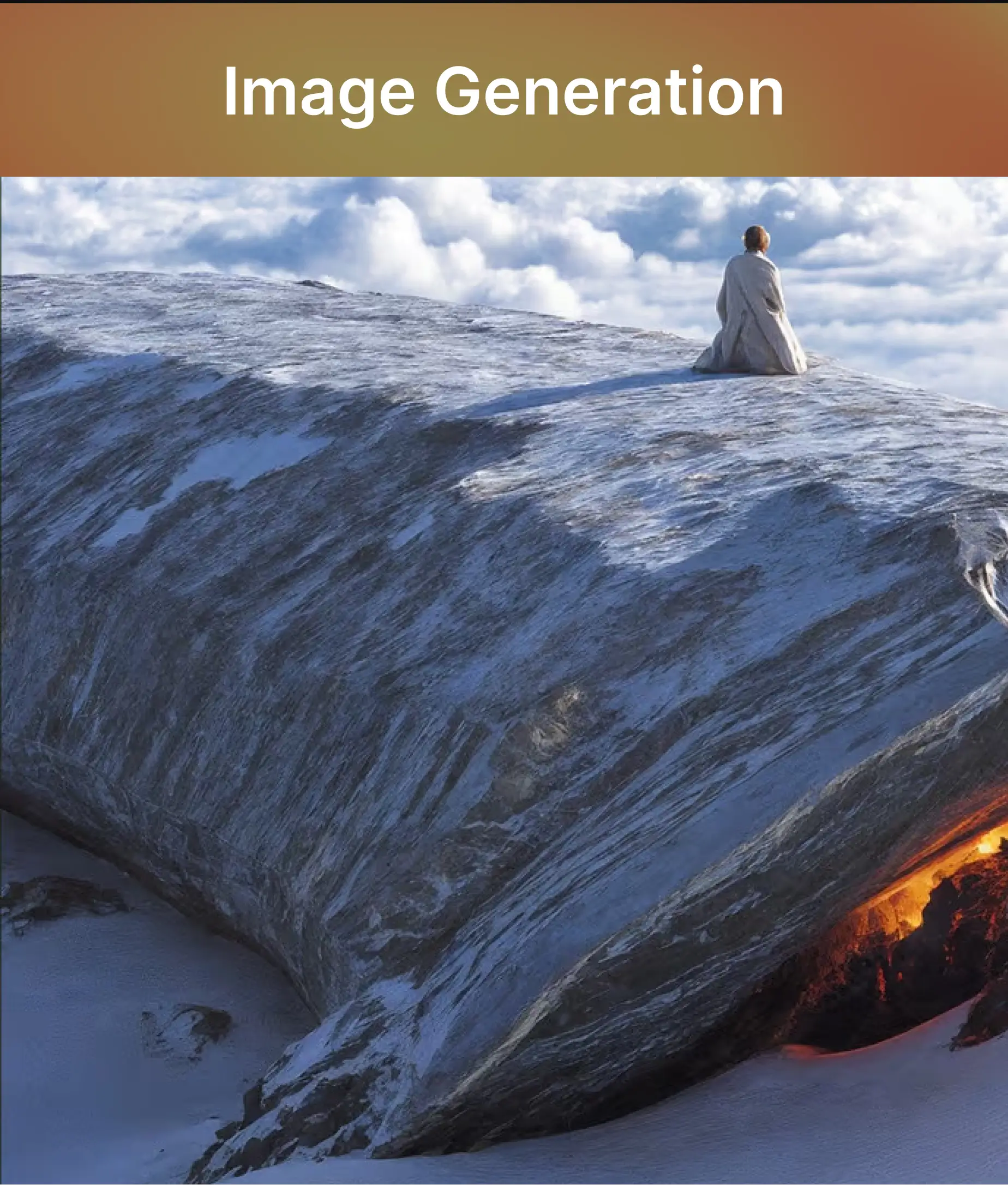 A person sitting on a frozen, snow-covered ridge with glowing lava beneath, demonstrating cinematic image generation using FLUX 1 Kontext.